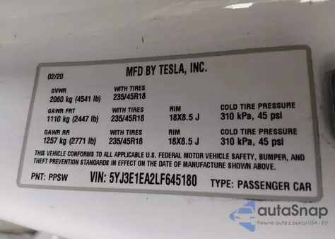 2020 Tesla Model 3 from USA, damaged, VIN 5YJ3E1EA2LF645180